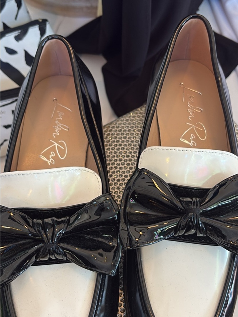 Patent Black & White Bow Loafers by Jonathan Rose